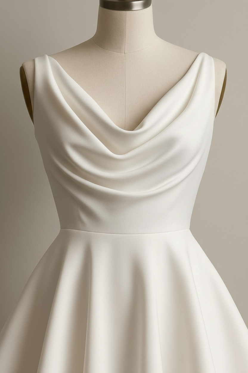 Close-up detail of white cowl neck dress