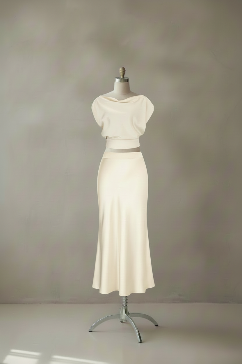 Cream two-piece set back view on mannequin