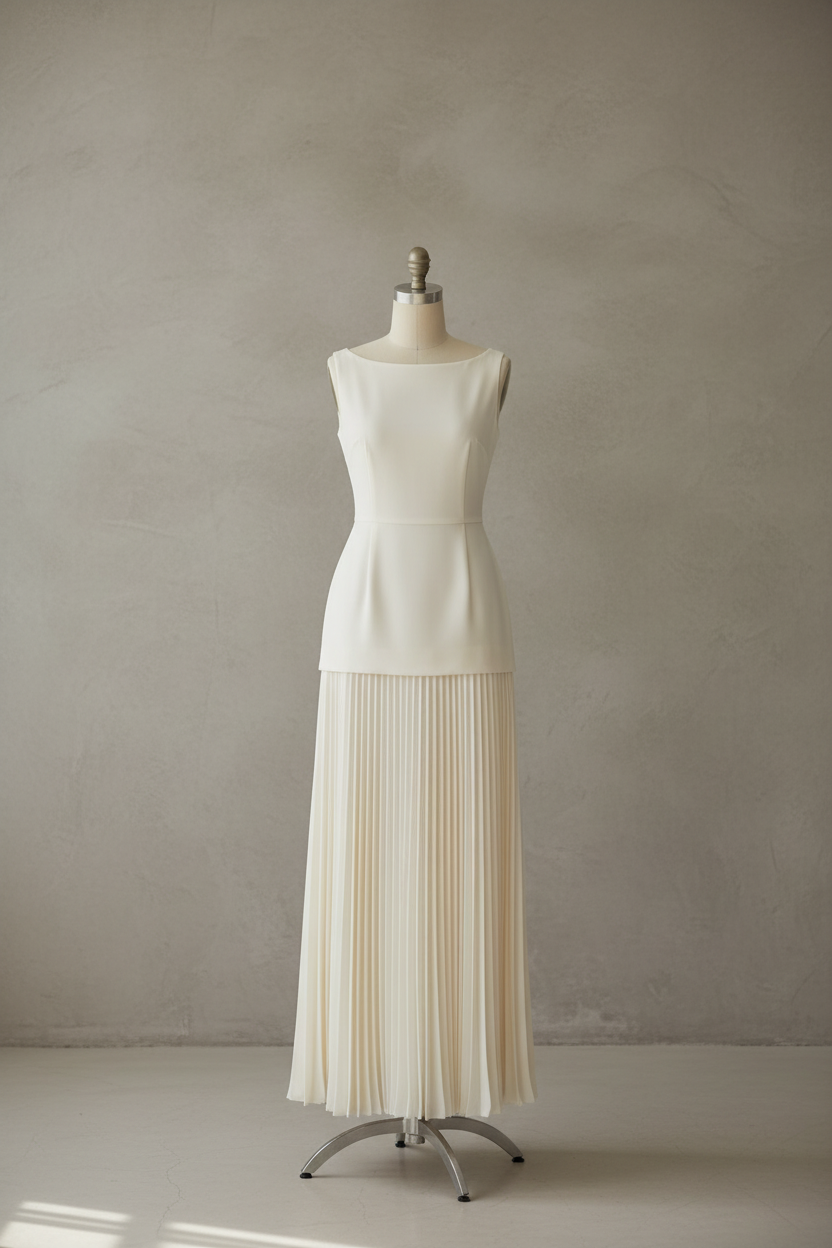 Off-white pleated maxi dress on mannequin with limewashed wall background