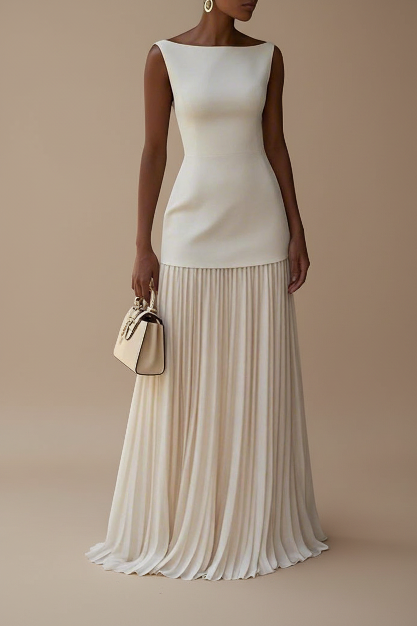 Off-white pleated maxi dress on model
