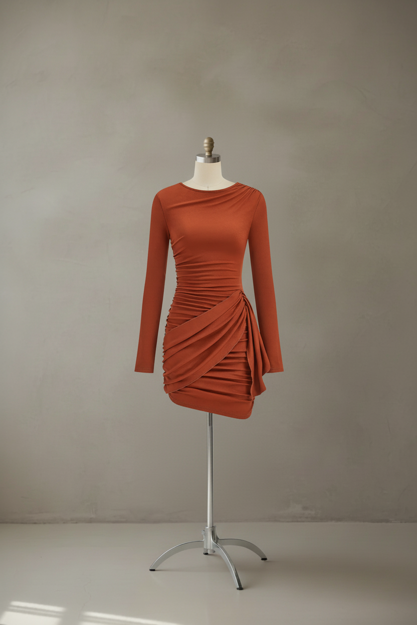 Rust ruched long-sleeve mini dress on mannequin