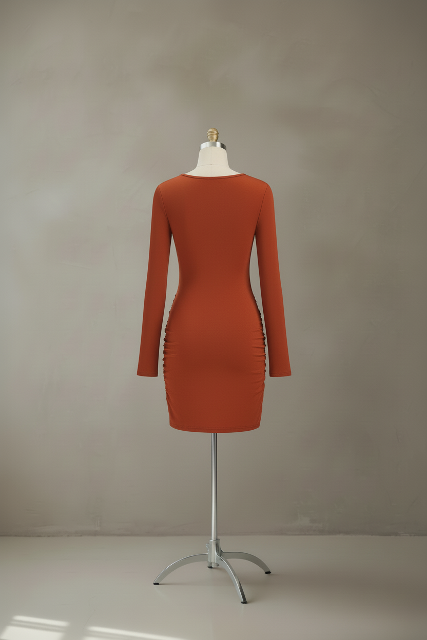 Rust ruched mini dress back view with straight hem