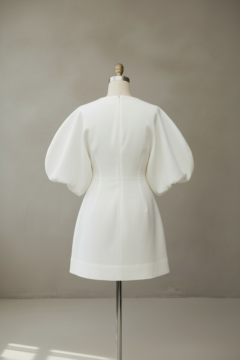 White puff sleeve dress back view on mannequin