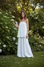 White strapless maxi dress lifestyle shot with smooth skirt