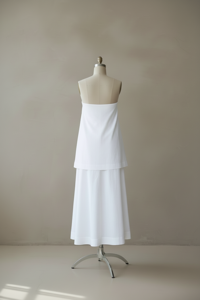 White tiered dress back view without zipper on mannequin