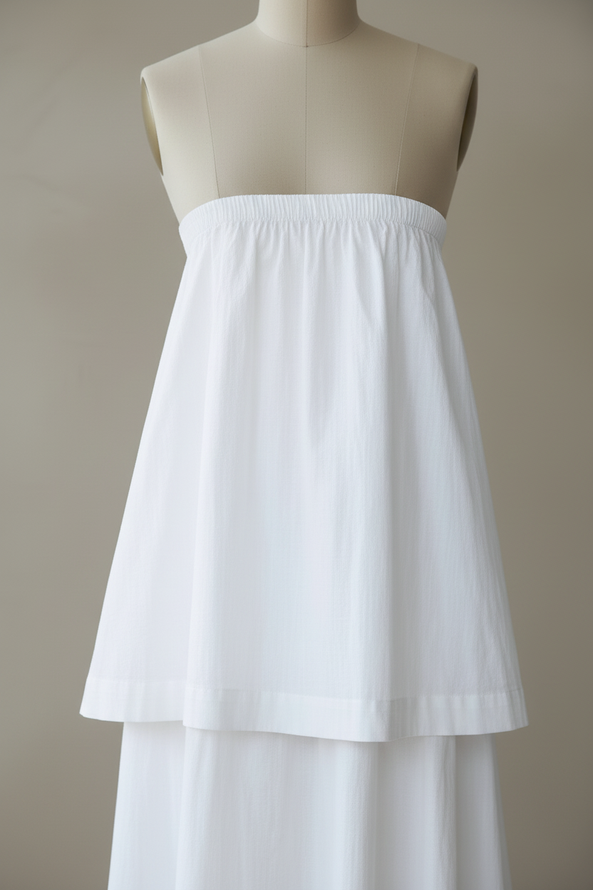 White tiered dress front close-up detail on mannequin